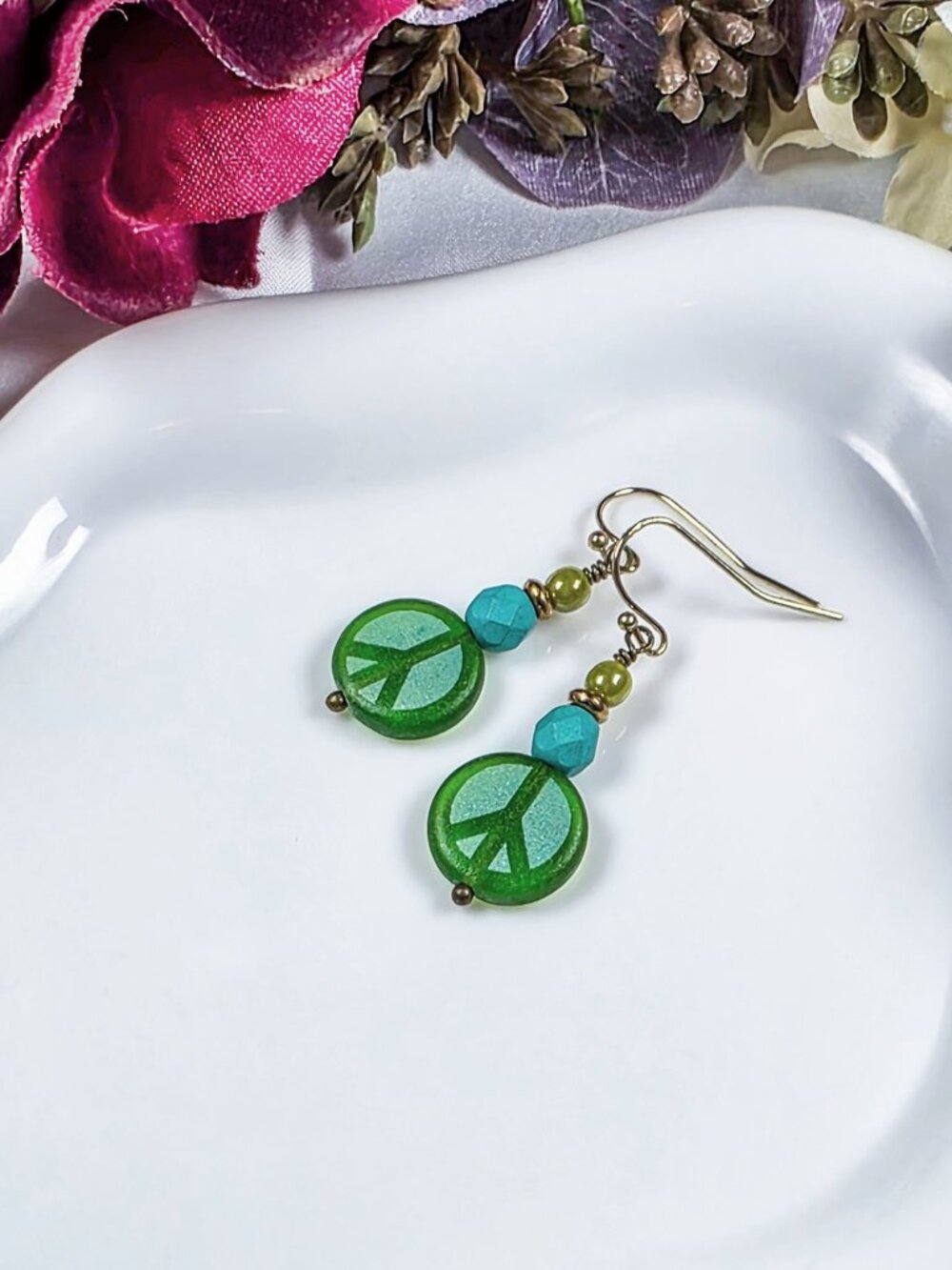 Czech Glass Peace Earrings | Retro Boho Dangles